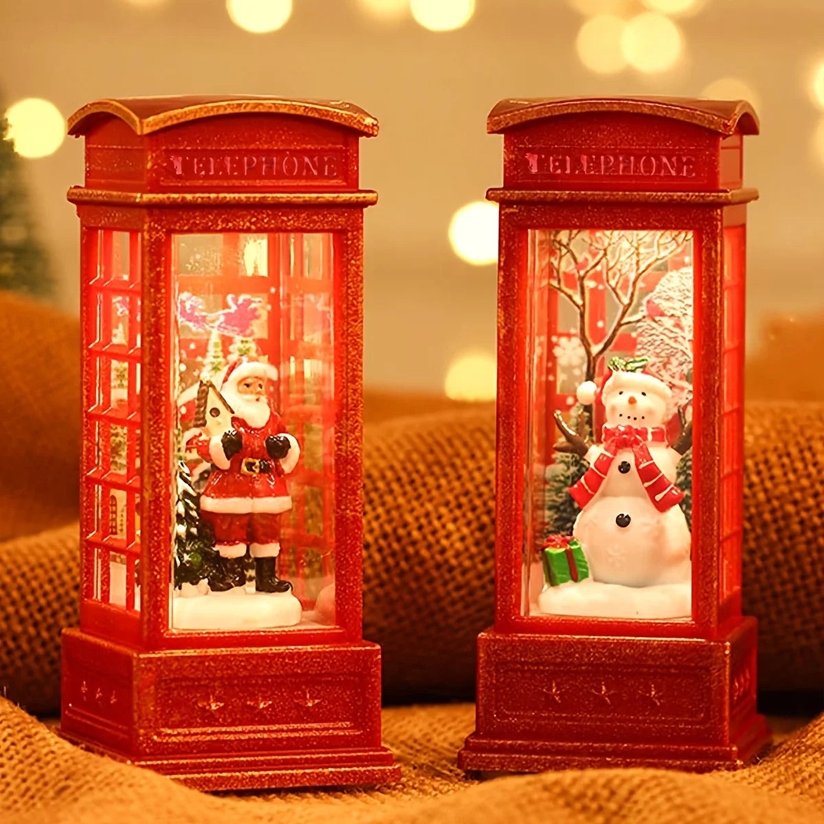 Décoration de cabine téléphonique de noël avec père noël, bonhomme de neige et arbre-ornement de cabine téléphonique rétro rouge avec décoration légère pour la maison