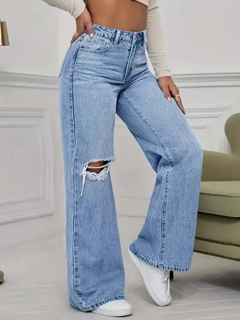Pantalon en Denim à jambes larges pour femmes, ample, taille haute, trou de personnalité délavé, nouvelle mode classique décontractée, longueur au sol, quatre saisons