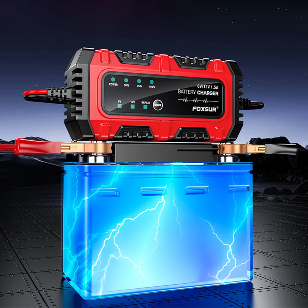 6V 12V 1.5A Electric Car Battery Charger, for Electric Motorcycles, Smart, for Car, Truck, Boat, SUV, AGM GEL Lead-Acid Batteries