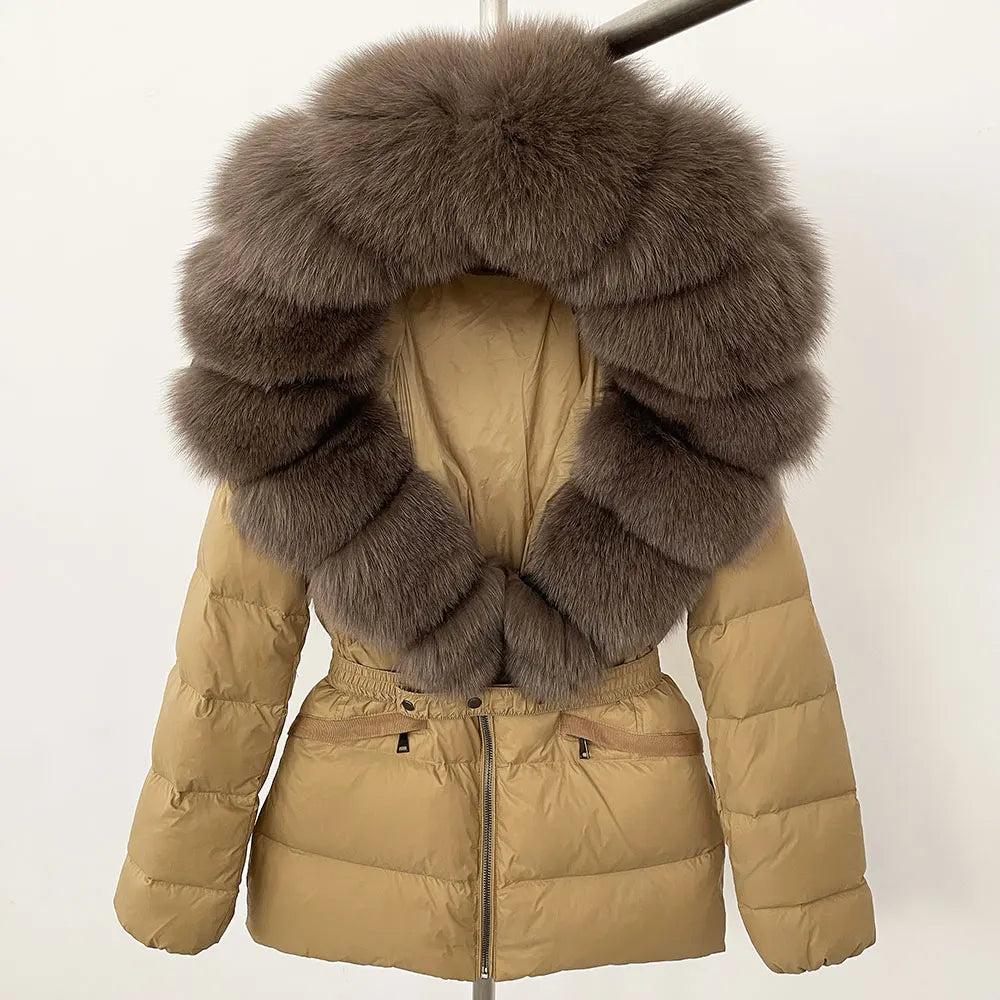 OFTBUY 2024 veste d'hiver femmes naturel réel raton laveur col de fourrure de renard à capuche blanc canard vers le bas manteau ceinture épais chaud vêtements d'extérieur décontractés