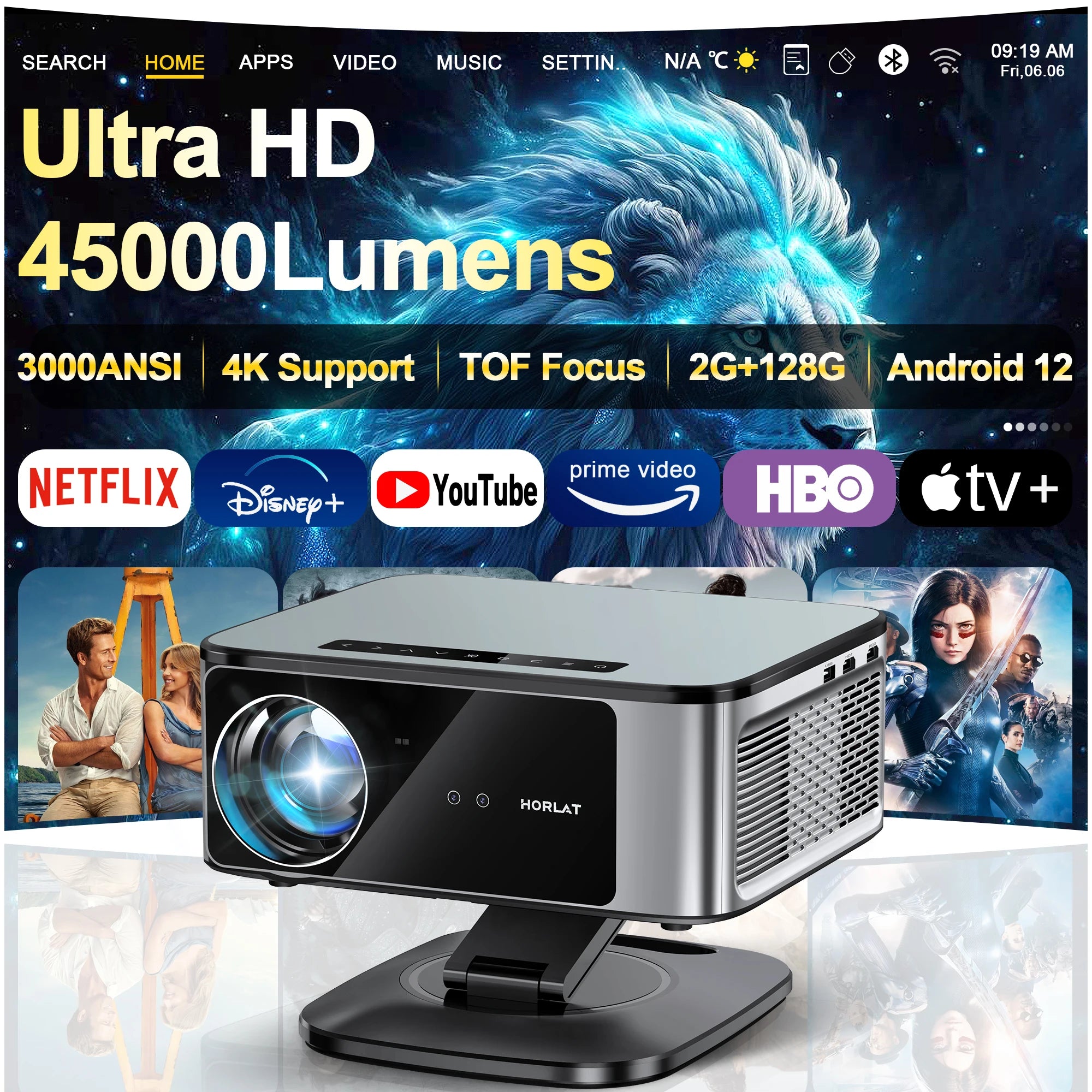 2025 Horlat 45000 Lumens 4K UHD projecteur Laser TOF Focus Android 12 WiFi 1080P Full HD projecteur de cinéma maison pour Netflix