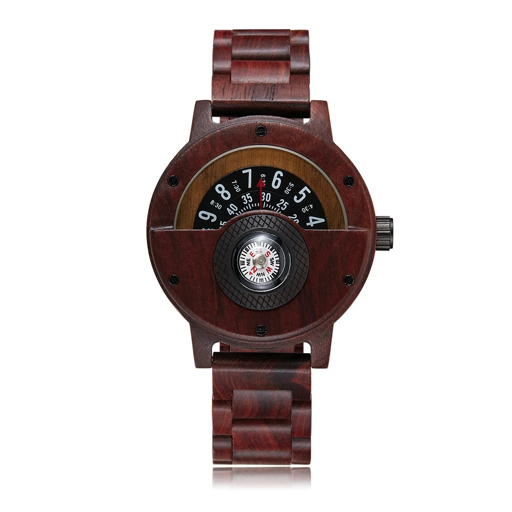 Montre en bois naturel pour hommes, Table rotative, cadran boussole, véritable bois de noyer, ébène, bambou, Concept marron, montre à Quartz