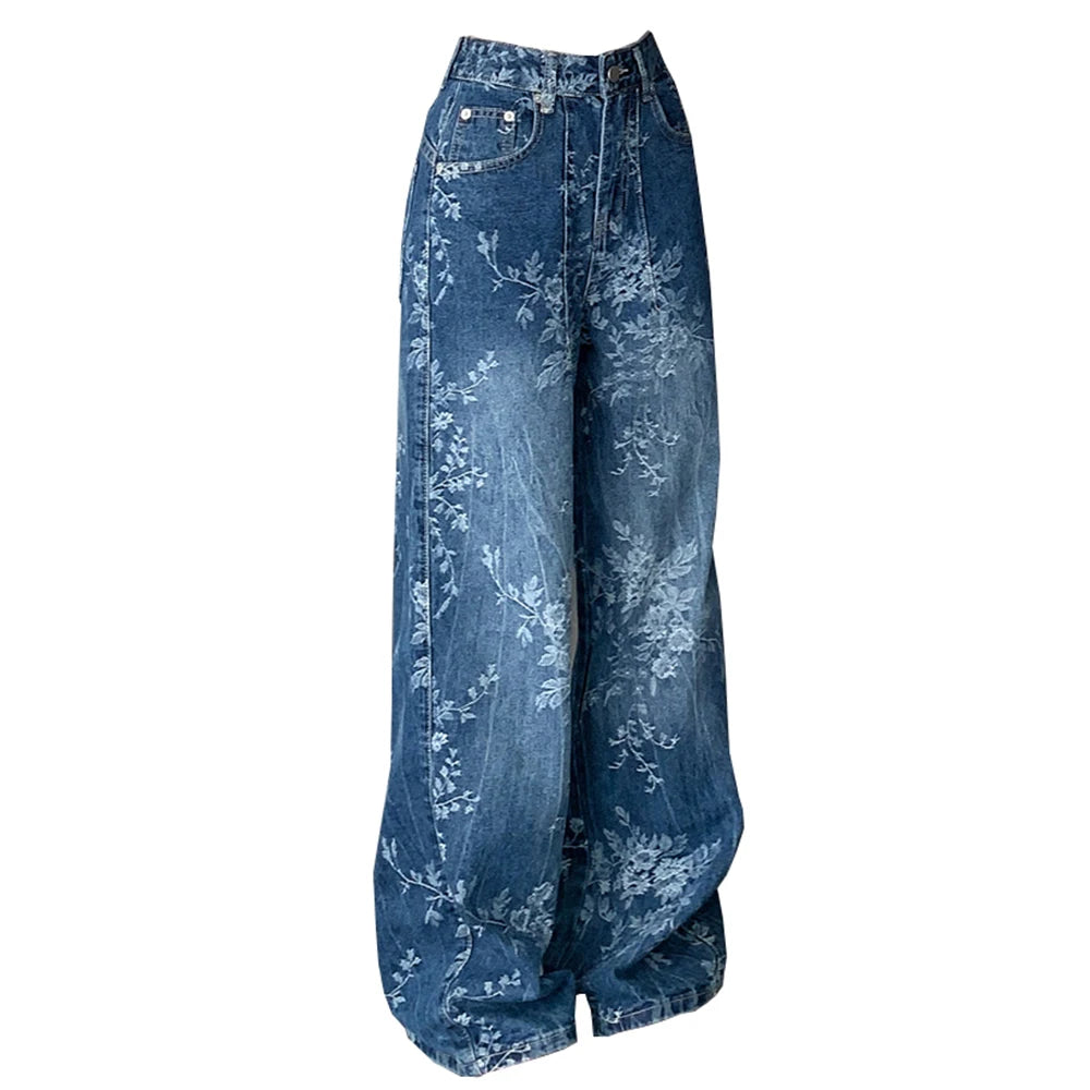 2025 Premium Y2K Jeans - Pantalon Palazzo en Denim vieilli imprimé floral artistique décontracté à jambe droite 2664