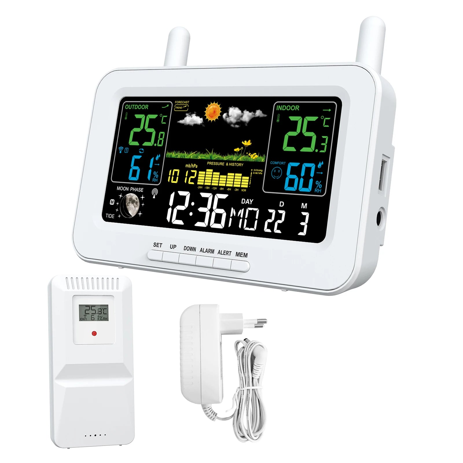 Station Météo Intelligente avec Sortie USB, Thermomètres et Hygromètres, Température, Humidité, Horloge, Pression Atmosphérique
