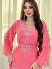 Eid Jalabiya - Women's Muslim Evening Dress, Diamond Lace-Up Arabic Abayas, Long Dresses, Elegant Dress, Educational Dress for Ramadan