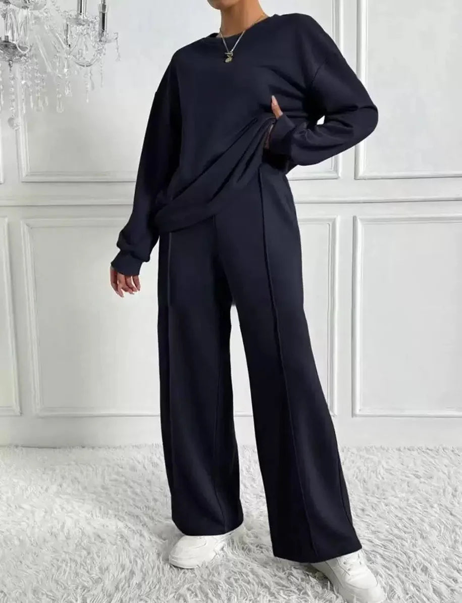 Ensemble deux pièces pour femmes, décontracté, col rond, manches longues, sweat-shirt, pantalon à jambes larges, costumes automne hiver, mode dames, tenue de bureau