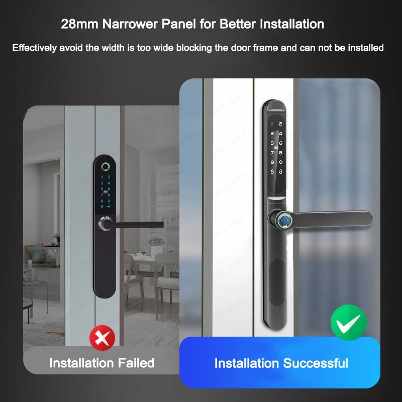 Serrure intelligente pour porte coulissante, étanche, mince, 2.8CM, mot de passe par empreinte digitale, carte IC, clé, compatible avec l'application TTlock et l'en-tête biométrique Alexa