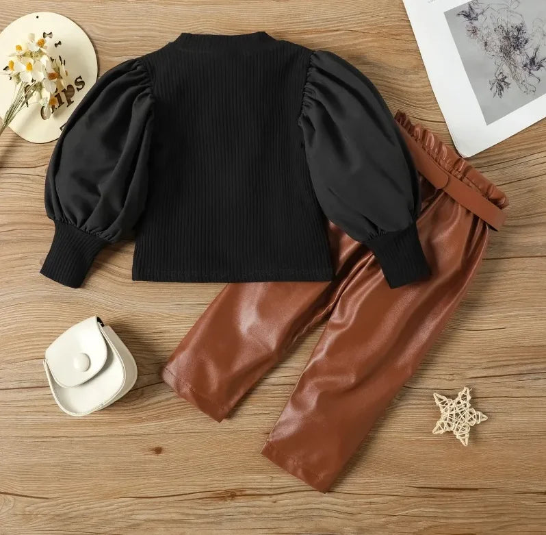 Ensemble de vêtements pour enfants filles, chemisier côtelé à manches longues bouffantes + pantalon en cuir PU avec ceinture, 2 pièces pour vêtements pour filles, taille 1 2 3 4 5 6
