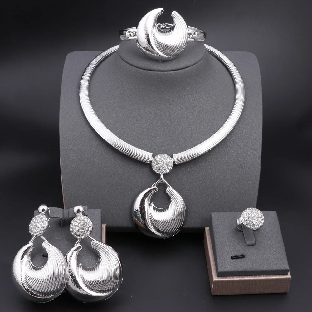 Ensemble de bijoux de dubaï pour femmes, plaqué argent, collier, boucles d'oreilles, Bracelet et bague de luxe, bijoux pour fête de mariage, tendance ﻿