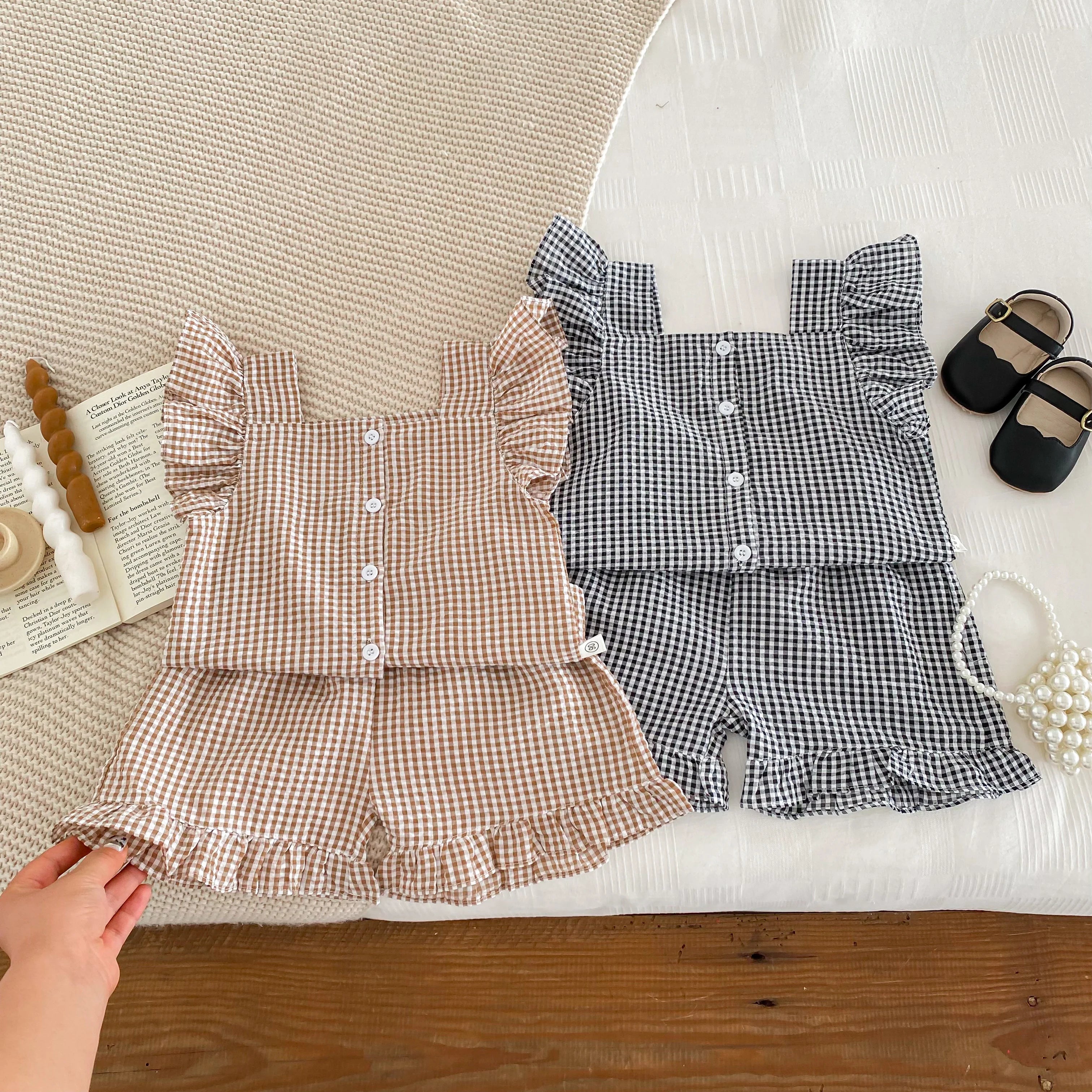 Tenue d'été pour enfants de 2 à 6 ans, vêtements pour bébés filles, chemisiers sans manches à carreaux + short, ensemble deux pièces
