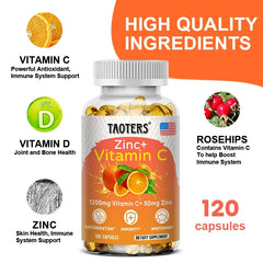 Taoters Supplément Vitamine C + Zinc - Haute Absorption - Système immunitaire, Vitamines pour la santé de la peau - Supplément Antioxydant