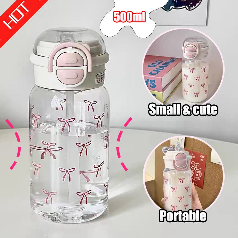 Nouveau Bouteille d'eau en paille à rabat avec nœud rose anti-fuite, tasse en plastique réutilisable, sport voyage pique-nique, verres portables avec couvercle sans BPA