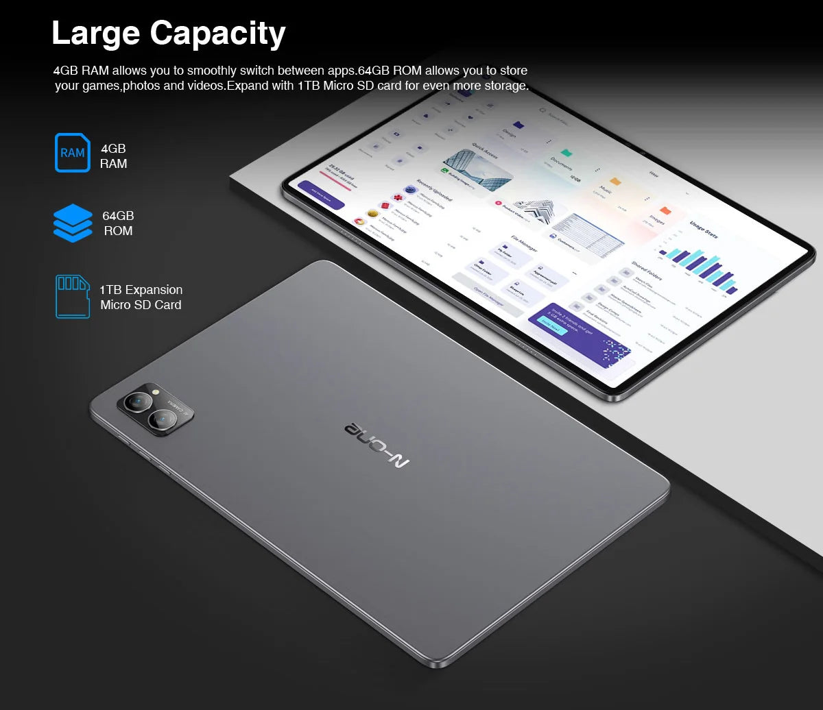 N-ONE NPad S 2023 10.1 pouces Tablette Pad 1280X800 HD 4GB 64GB Android 12 MTK8183 8-Cores 6600mAh Double WIFI BT5.0 Tablettes