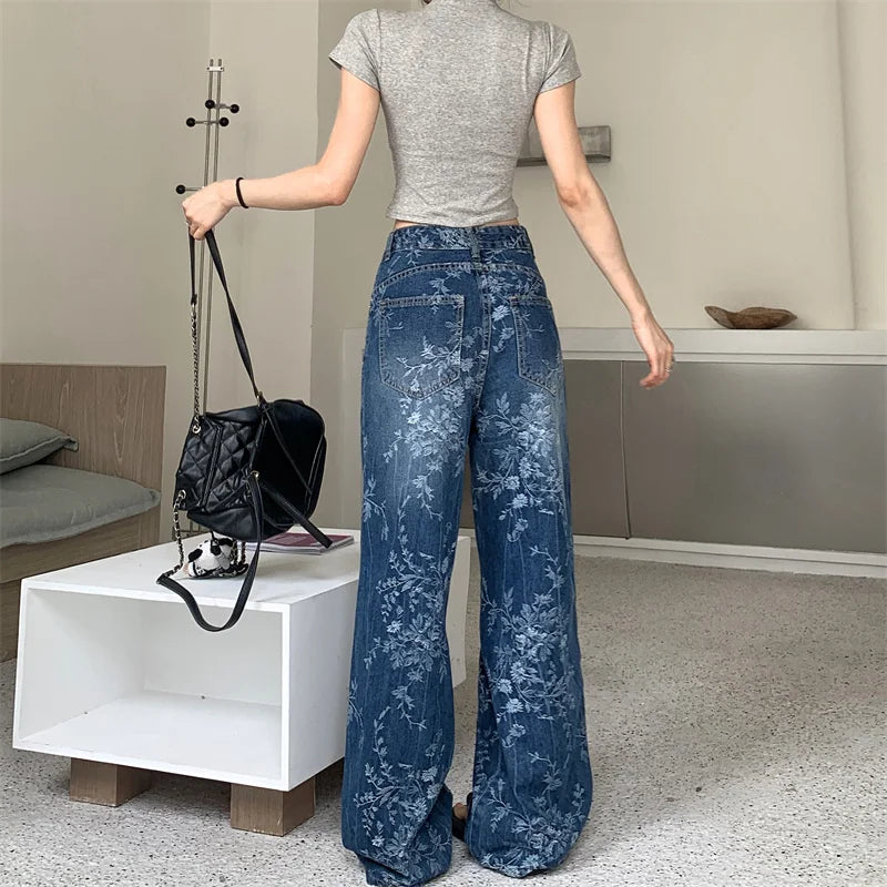 2025 Premium Y2K Jeans - Pantalon Palazzo en Denim vieilli imprimé floral artistique décontracté à jambe droite 2664
