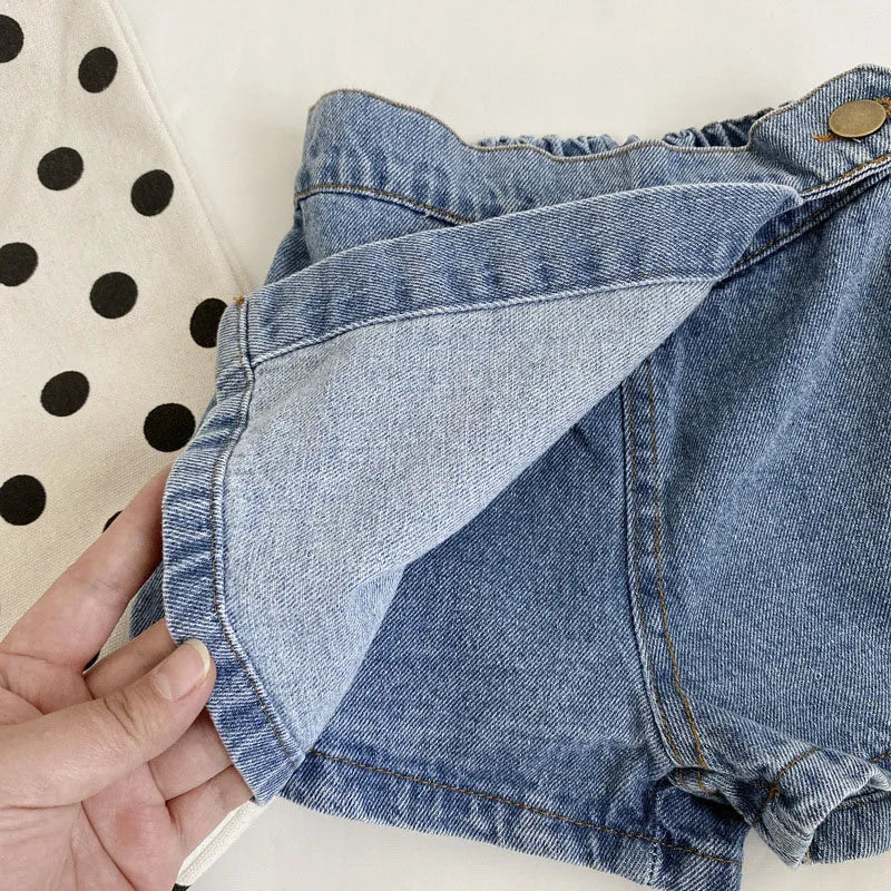 Mode coréenne nouvel été enfants fille jupe short solide taille élastique bouton doux Denim Culotte enfants vêtements polyvalents