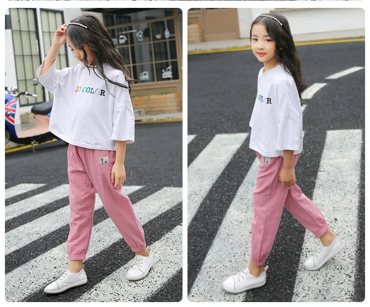 Pantalons pour enfants pour garçons et filles, en coton et lin, taille élastique, couleur unie, pantalons moustiques d'été, vêtements pour enfants, pantalons longs 100-160cm