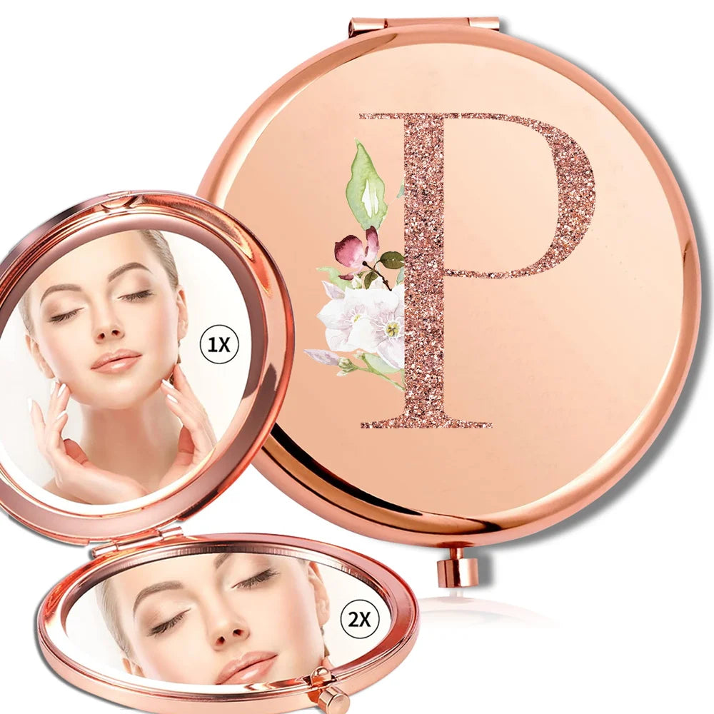 Miroir rond de maquillage grossissant Double face en métal, cosmétique, aspect Portable, verre, Compact, motif de lettres en or Rose