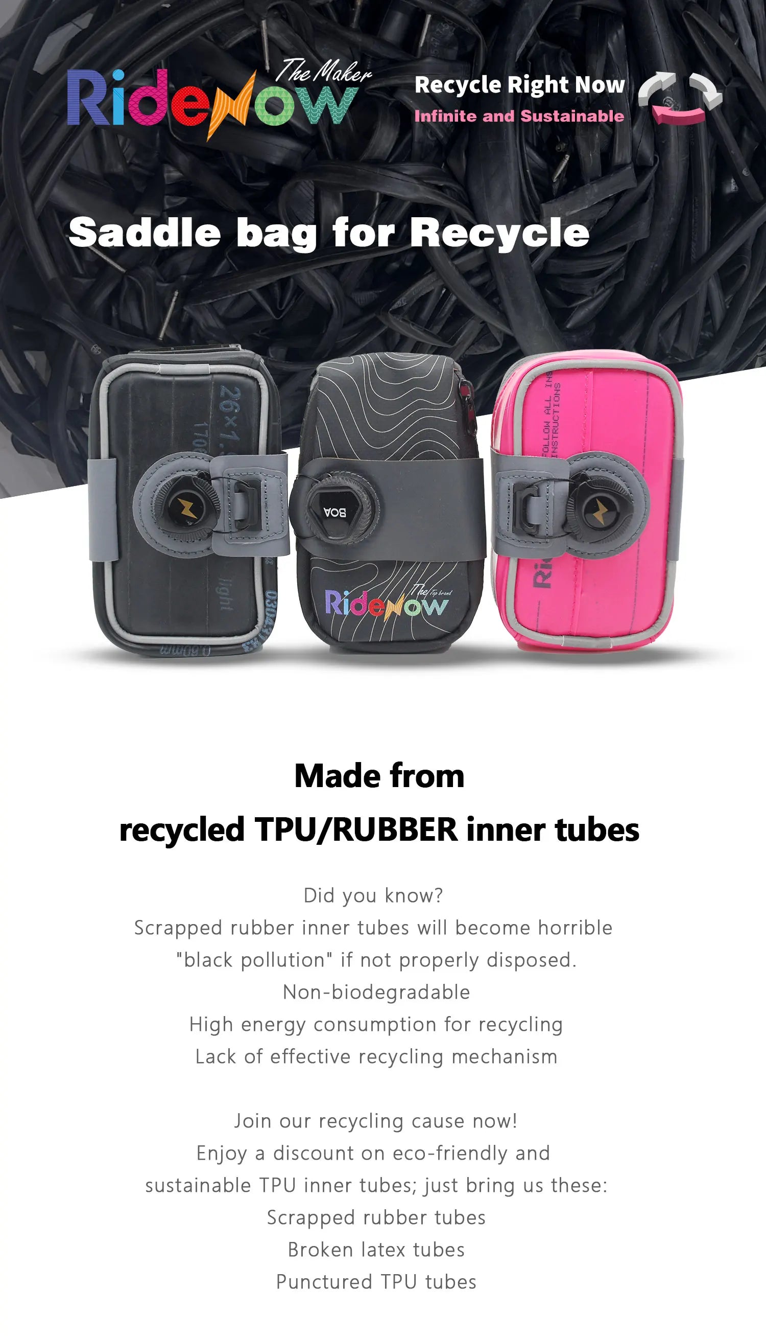 RideNow Matériaux recyclés Sac de vélo Sac arrière VTT Sac de selle de siège arrière de vélo de route Rapide détachable étanche Rangement de cyclisme