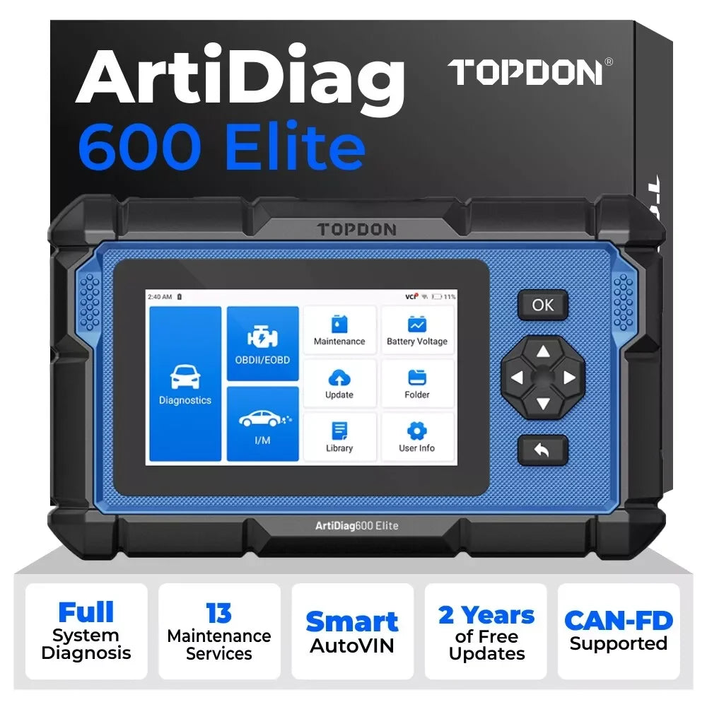 TOPDON ArtiDiag600 Elite Scanner de Diagnostic de voiture à système complet OBD2 13 Services de Maintenance FCA AutoAuth, outil de numérisation automobile