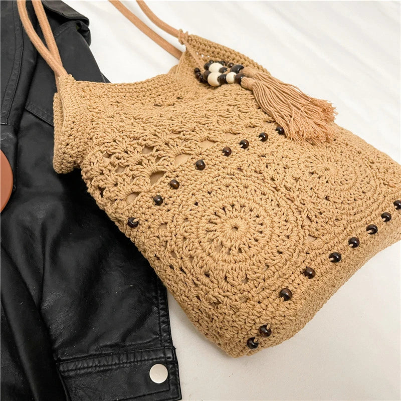 Sac à main tissé de grande capacité, sac à bandoulière ajouré, fourre-tout en Crochet, fourre-tout bohème tissé pour femmes, sacs de Shopping tricotés