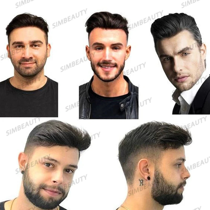 100% cheveux humains hommes toupet naissance des cheveux naturelle pleine peau Pu Base Durable mince 0.1mm hommes perruques unité de remplacement prothèse capillaire