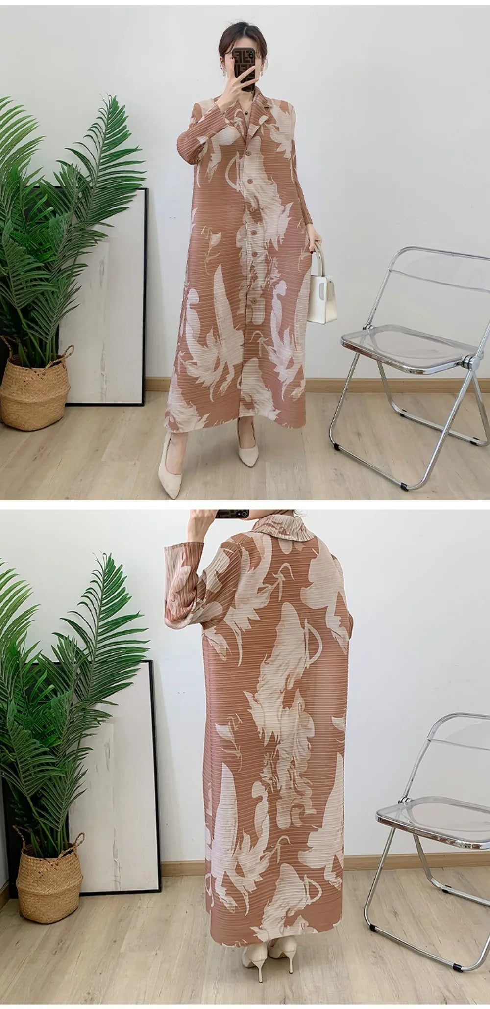 Robe imprimée à col en v pour maman, nouvelle mode d'âge moyen et âgée, manches sept-quarts, jupe plissée verte X, printemps 2025