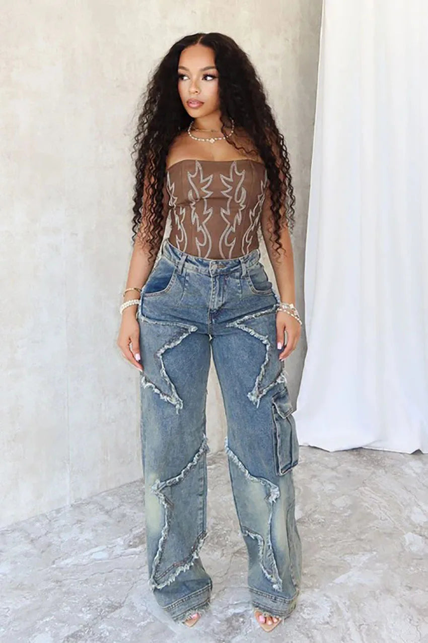Women's relaxed, straight-leg, wide-leg denim jeans with star tassel detail, comfortable, loose fit, new autumn/winter collection
