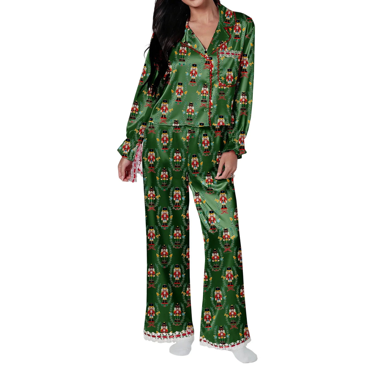 Ensemble pyjama de noël 2 pièces pour femmes, imprimé père noël/arc, dentelle en Satin, à nouer, manches longues, chemises à boutons, pantalons, vêtements de nuit