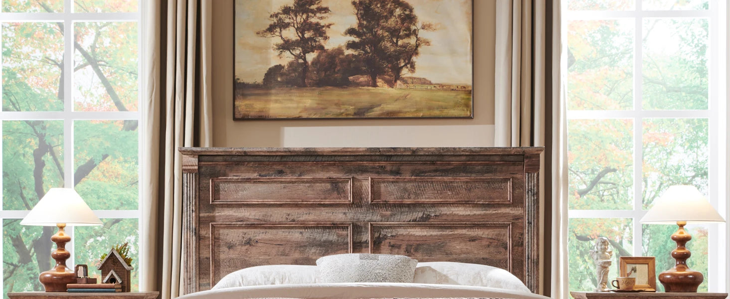 Cadre de lit queen size Farmhouse, avec tête de lit de 51 po de hauteur, cadre de lit en bois avec pied de lit de 20 po de hauteur et 2 grands tiroirs de rangement