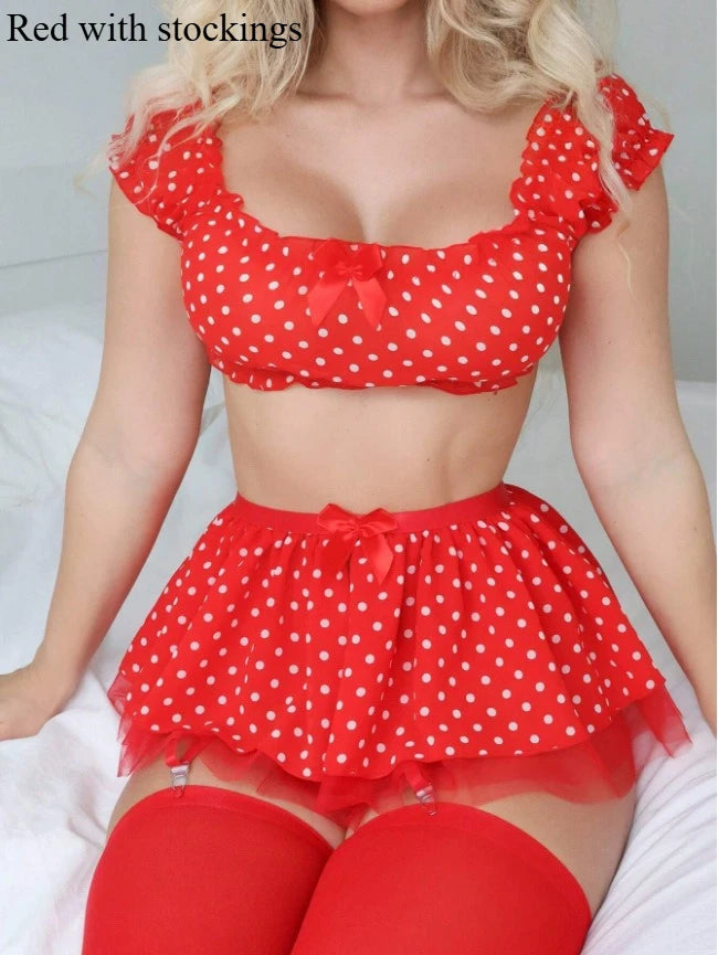 Women's polka dot off-the-shoulder puff skirt set, sexy lace top, thongs, underwear, mesh suits, sheer, exotic sets