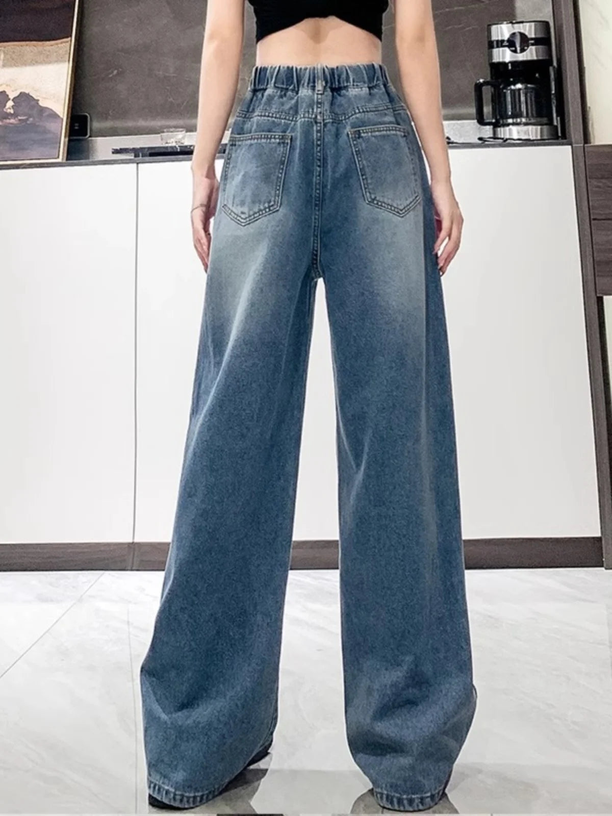 Jean ample à jambes larges, taille haute, bleu clair, grande taille, taille élastique, pantalon Dstring, pantalon Long amincissant