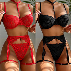 Ensembles de Lingerie érotique pour femmes, jarretelles en dentelle, soutien-gorge et culotte transparents, Costumes Porno féminins, col licou en V profond, ensemble de sous-vêtements Sexy