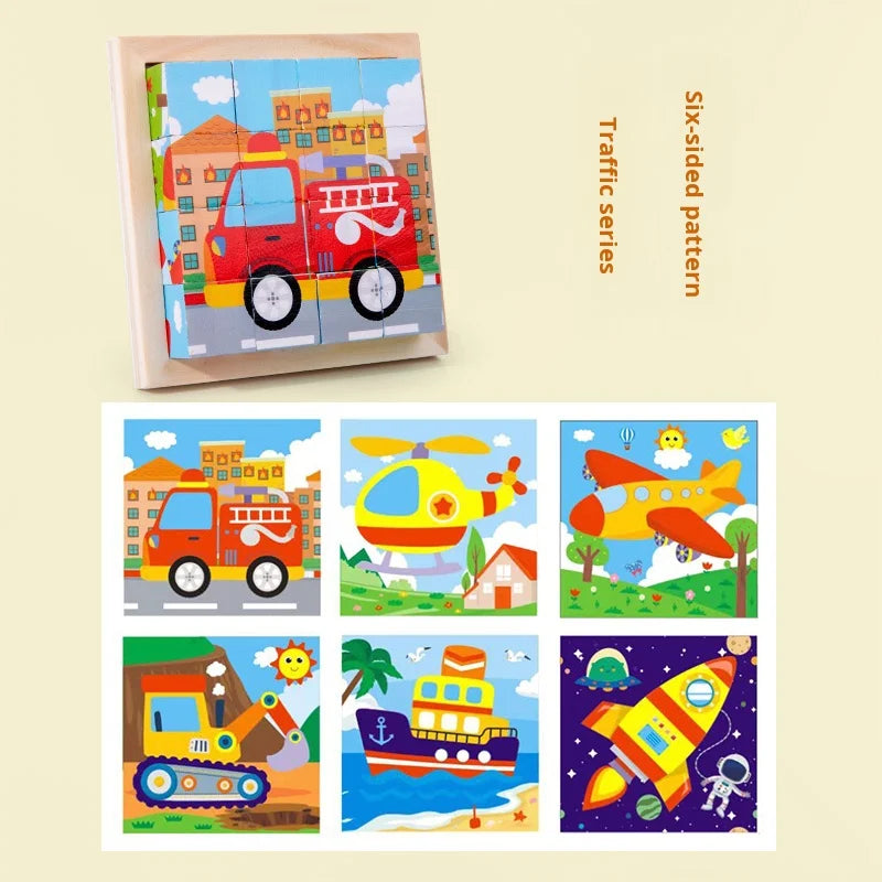 Puzzle en bois peint à Six côtés, blocs de construction tridimensionnels pour animaux de la circulation, jouet éducatif pour l'éducation précoce