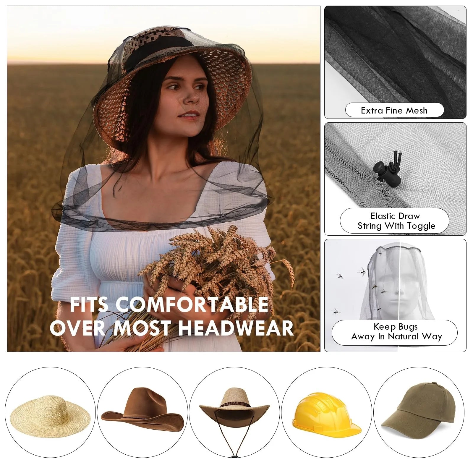 Filets de maille de tête de moustique en plein air, chapeau de jardinage chapeau anti-insectes pour la randonnée Camping pêche filets de maille de tête de moustique en plein air