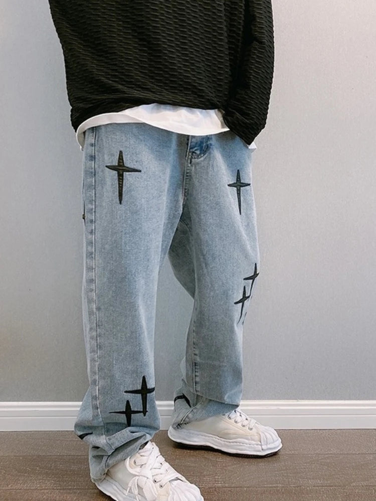 Men's printed jeans, streetwear, baggy, wide leg, Korean fashion, draped, straight, casual, loose fit, cargo pants, new 2023 collection
