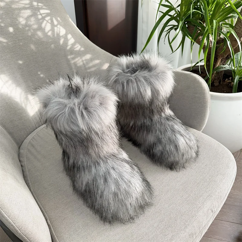Nouveau Hiver fourrure une pièce fourrure de raton laveur femme bottes de neige chaussures de fourrure en plein air mi jambe bottes