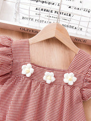 Robe fille vichy rouge et blanc avec manches flottantes et accents floraux – Parfaite pour les vacances/extérieur, âge 4-7, printemps/été