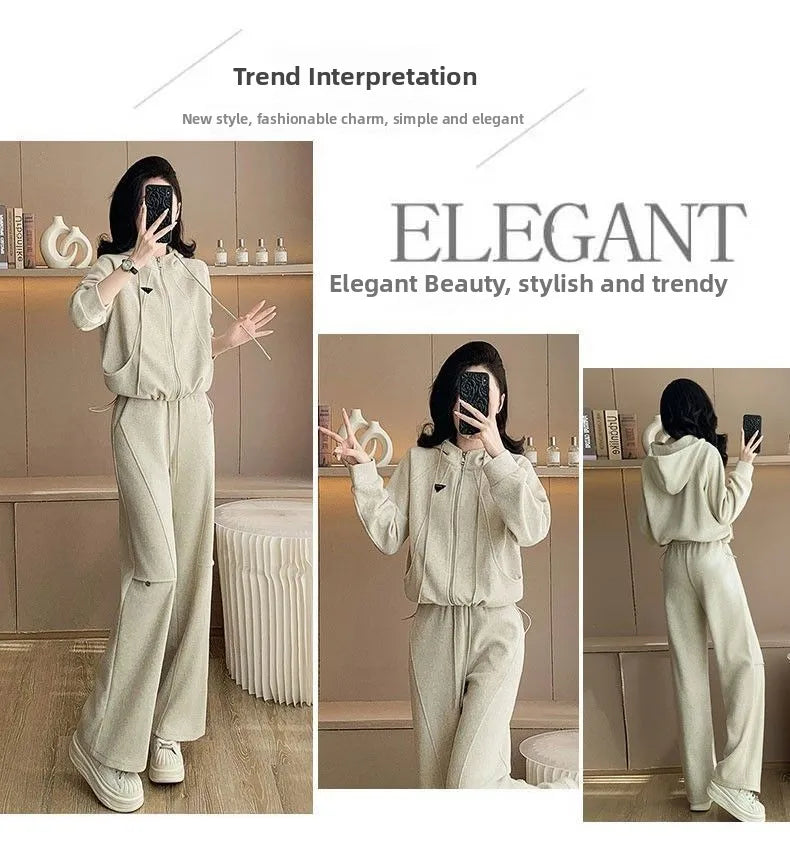 Fashionable slimming hooded set for women, two-piece Korean style set, trendy, youthful look, casual outfit, new autumn/winter collection