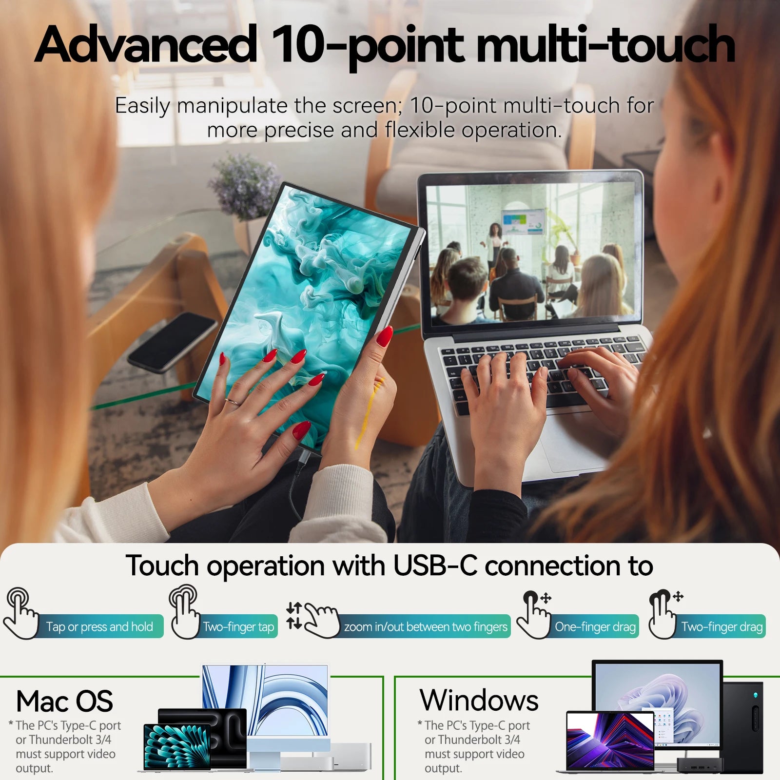 Intehill-Moniteur portable à écran tactile, 13.4 pouces, 4K, 3840x2400, 500nits, 100% sRGB, U13ZT, XBox, PS4, 5, Switch, PC portable, extension