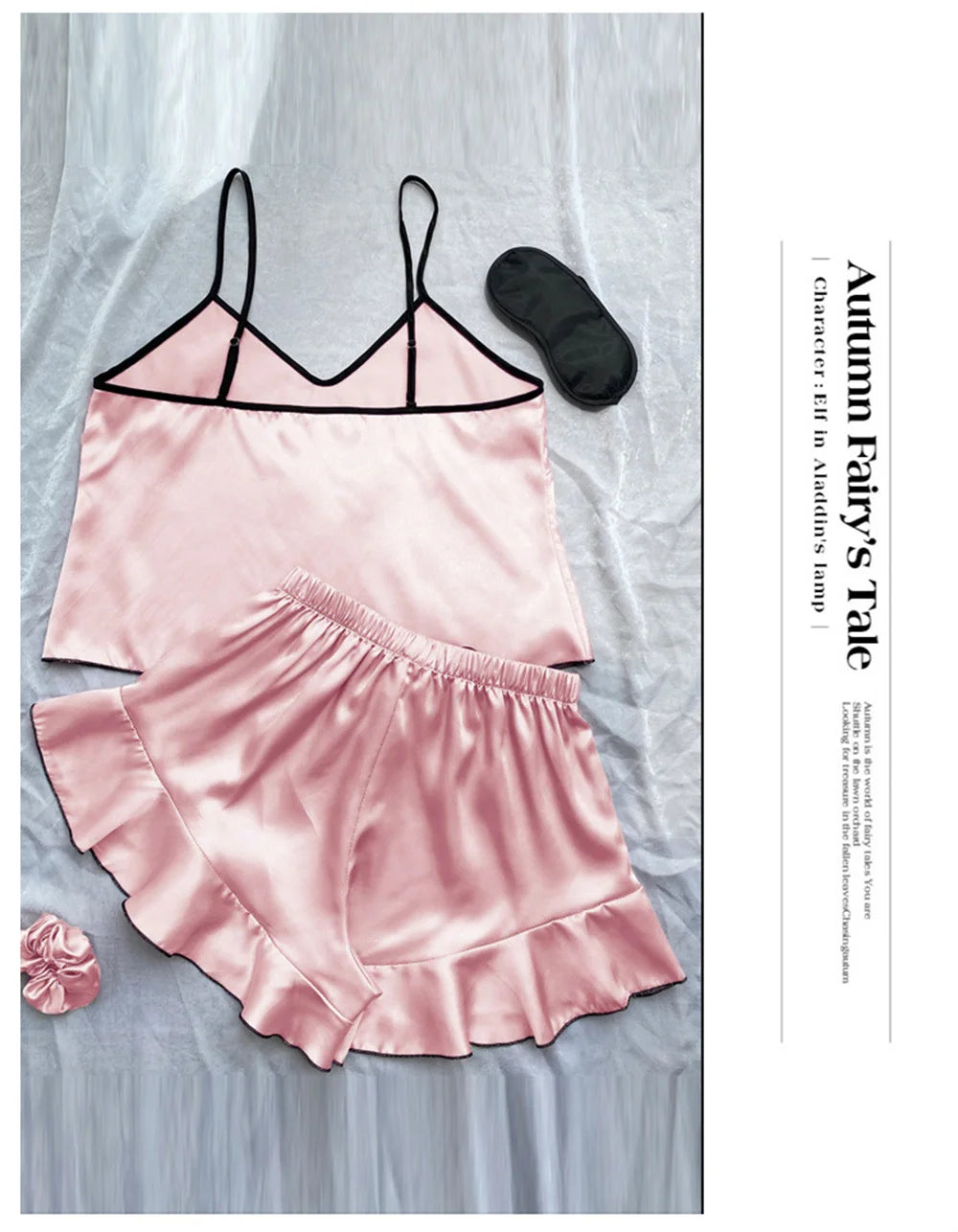 Pyjama en Satin lisse pour femmes, T-Shirt à col en v, bords à volants et short à nœud, ensemble pyjama Simple et respirant, vêtements de maison à bretelles