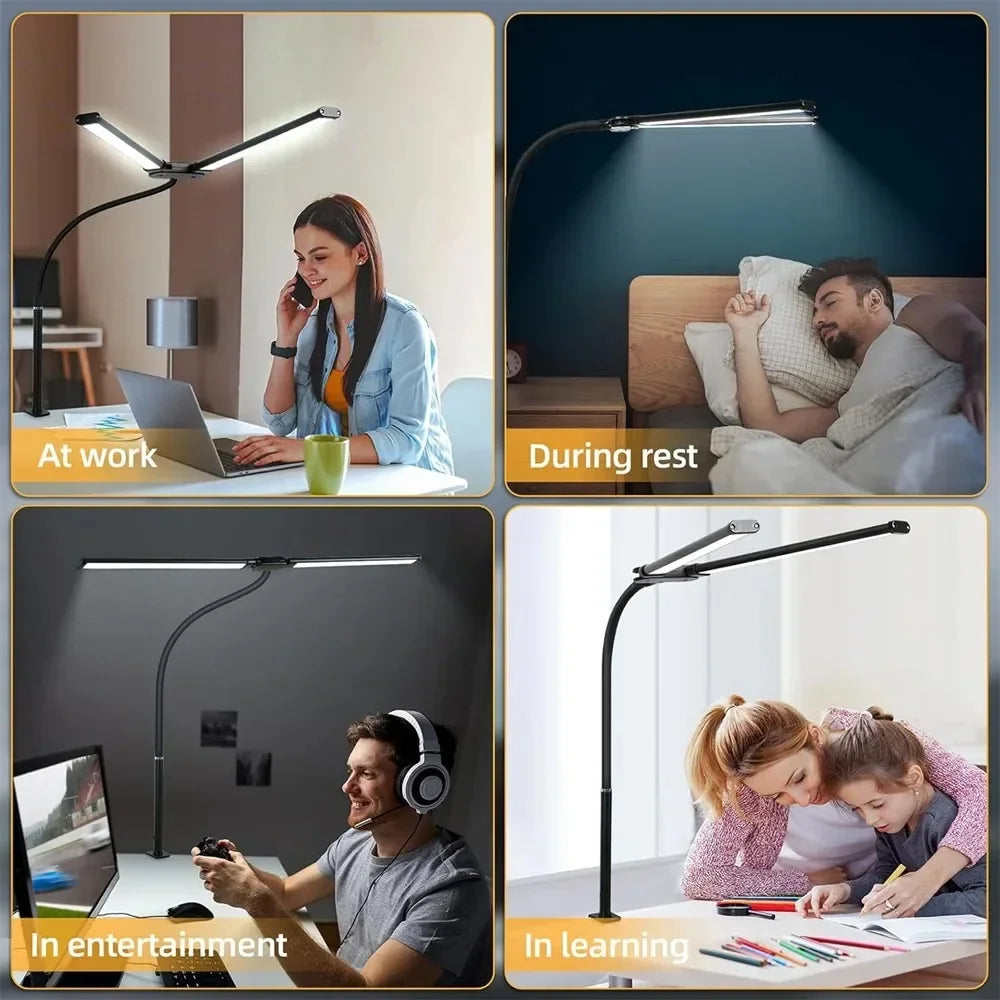 Lampe de bureau Led pour le bureau à domicile, lumière d'architecte de soins oculaires avec pince, lampe à pince de Table pour moniteur d'ordinateur à Double tête, pour la lecture