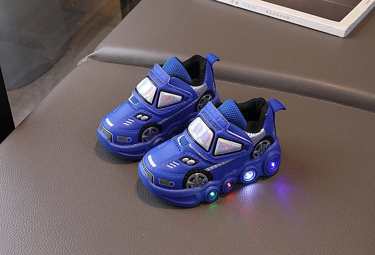 Diseny enfants chaussures décontractées lumière LED voiture Club dessin animé en cuir PU printemps chaussures pour enfants anti-dérapant rouge bleu chaussures taille 21-30