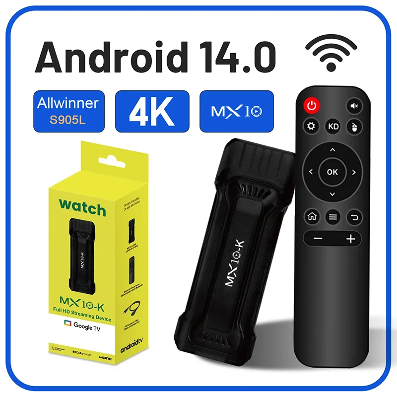 4K Stick TV MX10-K 4GB OS 10 Smart ATV BT5.0 lecteur multimédia HDMI 1.4 double WiFi 2.4G/5.0G TV Box Android 2025 nouveau modèle