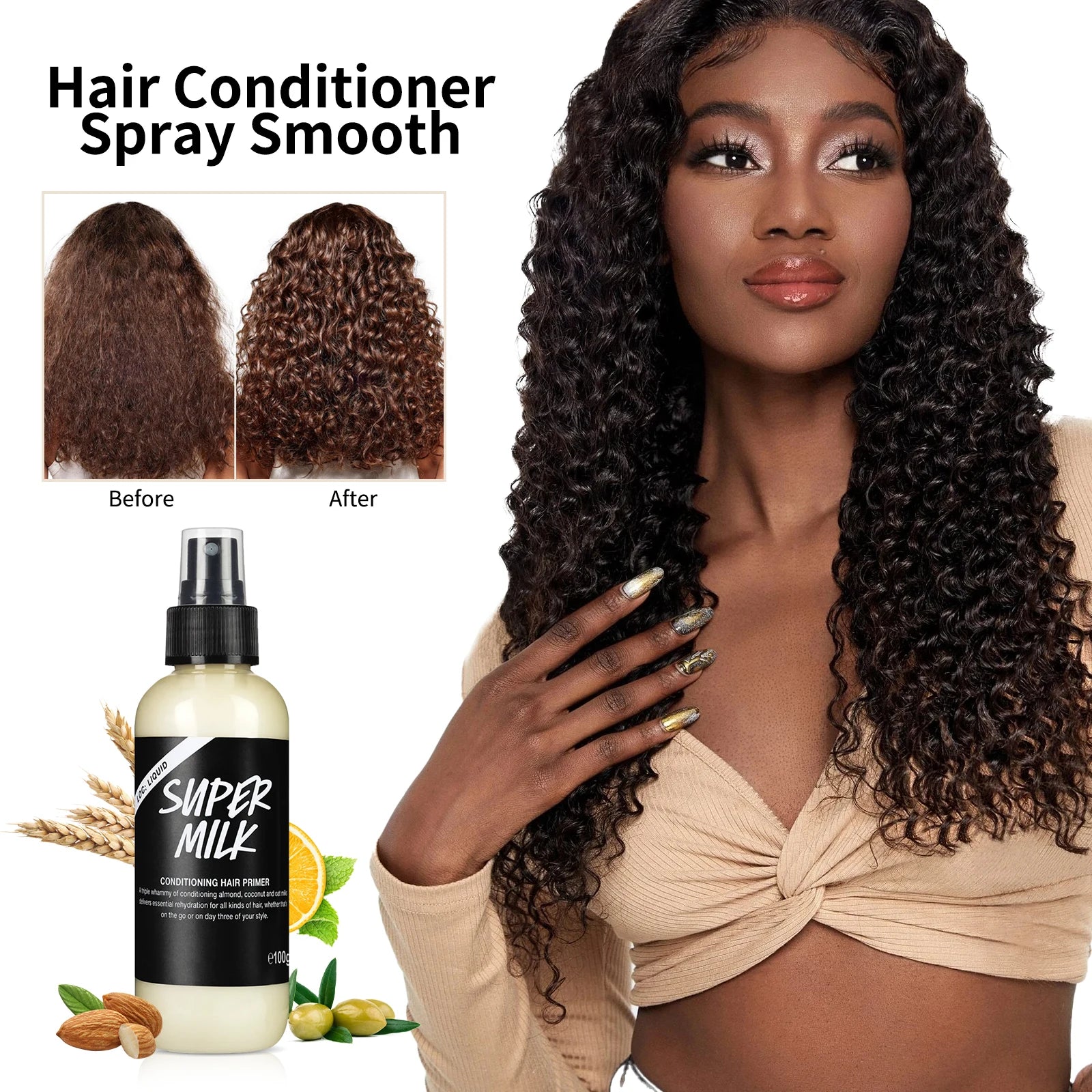 Spray d'apprêt capillaire revitalisant 100g – Contrôle des frisottis, lait d'avoine de noix de coco et d'amande, sans lavage, sans rinçage, lisse et brillant