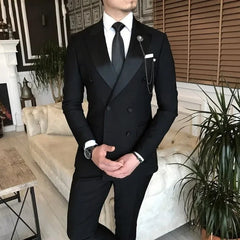 Costume 2 pièces veste + pantalon noir pour hommes, revers à pointe, Double boutonnage, Blazer sur mesure, Tuxedos de marié de mariage, Costume de bal pour Homme