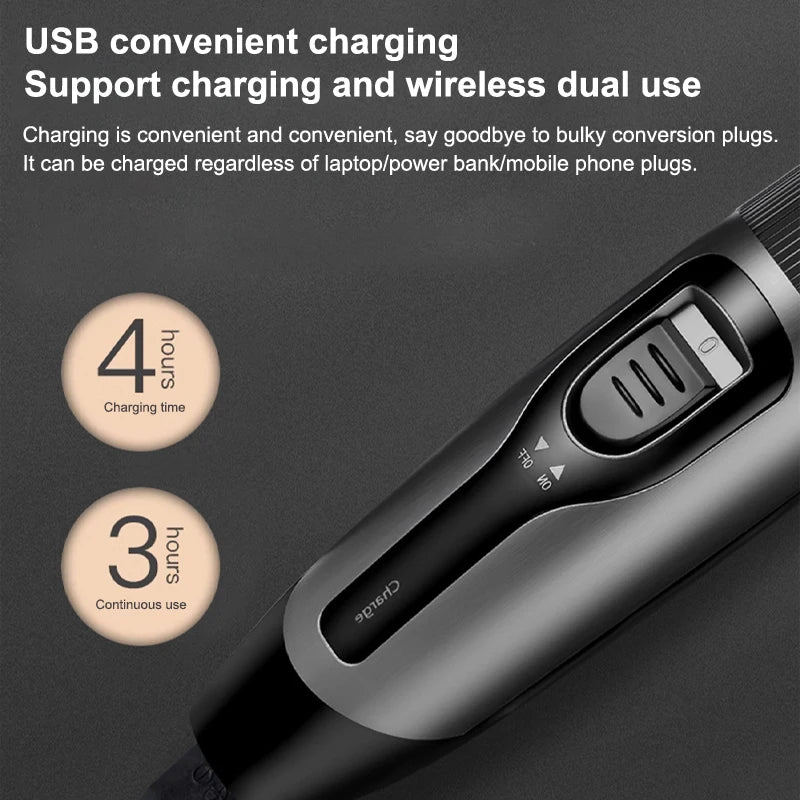 Professional electric hair clipper for men, ceramic blade, low noise home trimmer, USB charger, men's hair cutting tools