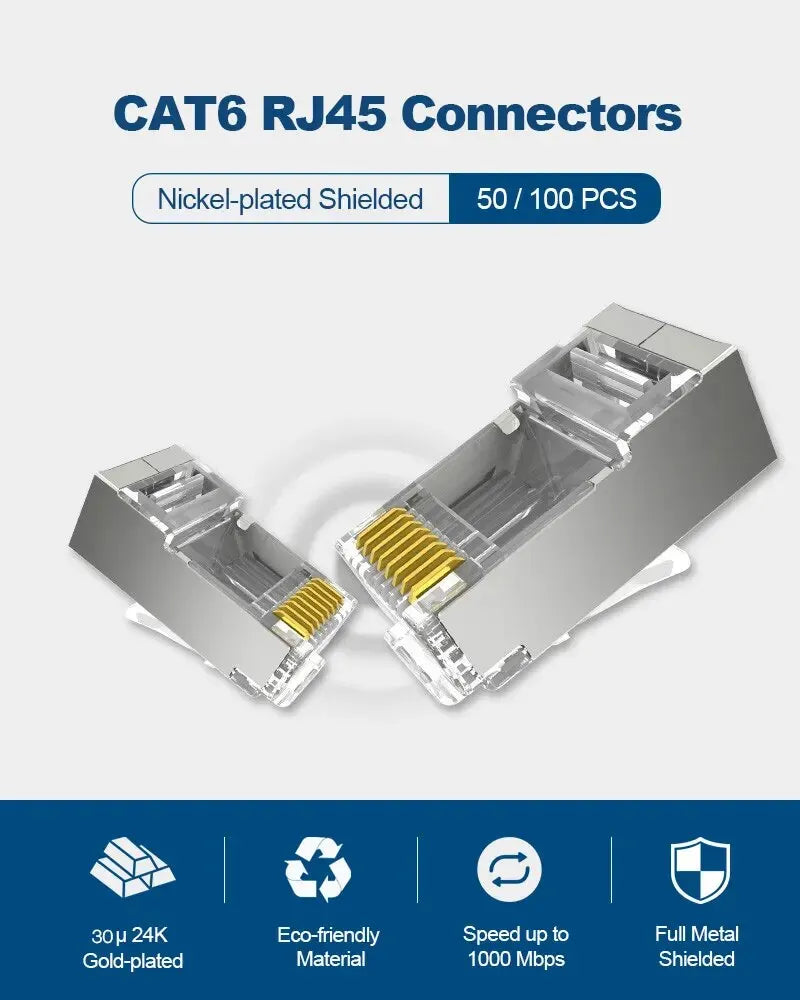 ZoeRax – Cat6 Shielded RJ45 Pass-Through Connector, 50 Pack, Gold-Plated RJ45 Modular Plugs, 8P8C RJ45 Ends