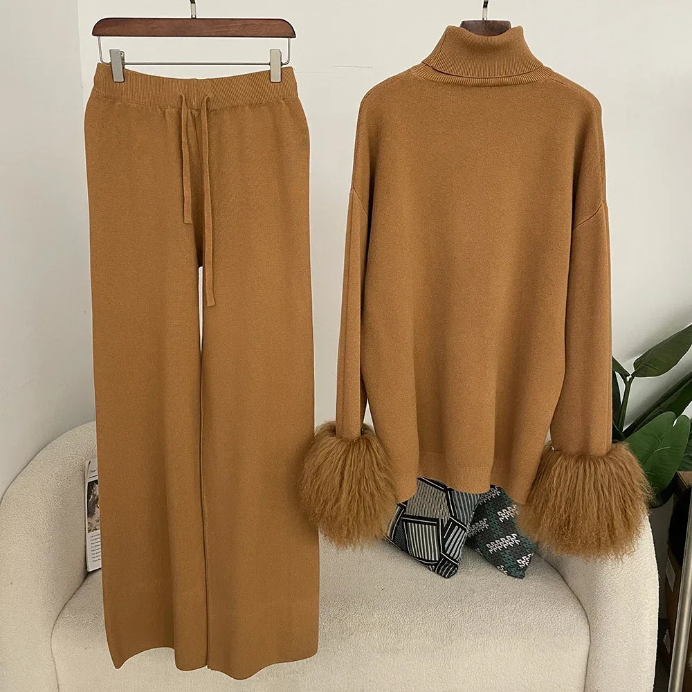 Ensemble pull et pantalon tricotés en laine et mélange pour femme, avec poignets en vraie fourrure de mouton mongole, costume tricoté de haute qualité 2025