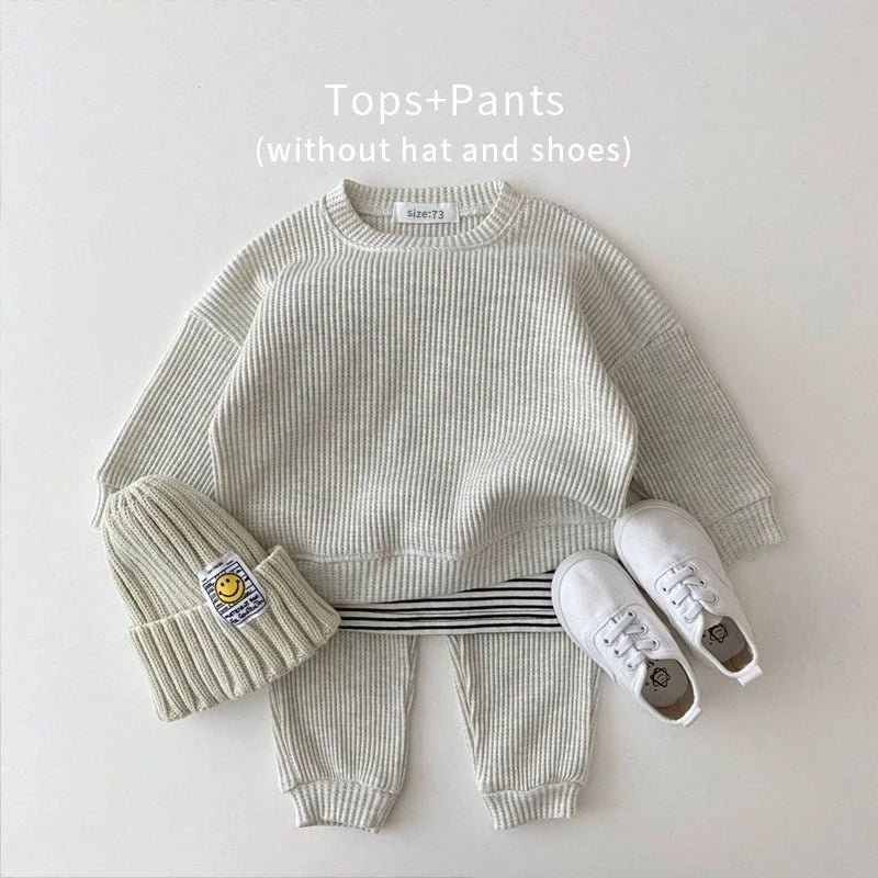 Ensemble de vêtements coréens pour bébés garçons, faux deux pièces en coton gaufré + pantalon, tenue 2 pièces, 2023