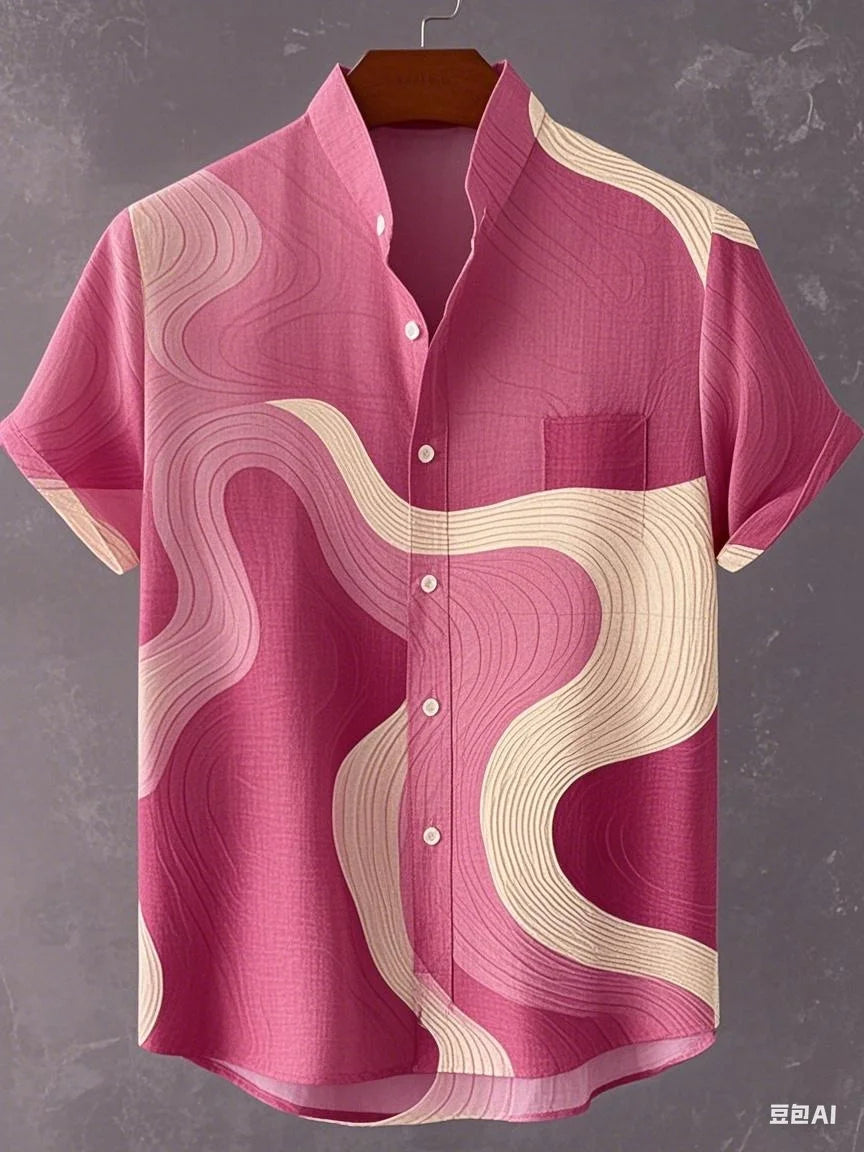 Chemise à manches longues et col montant pour homme, nouvelle collection printemps-automne, impression en 3D, rayures irrégulières